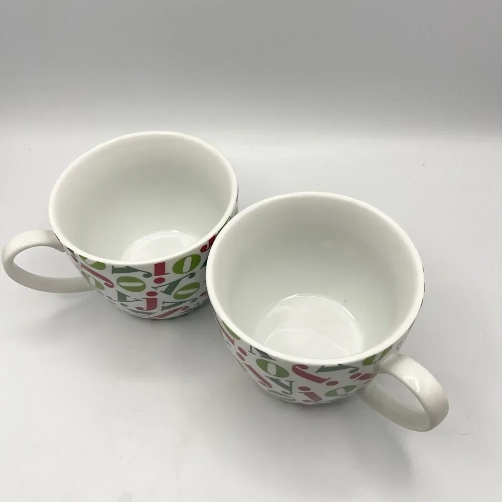 Pair Vintage Crate & Barrel 16oz JOY Mugs Holiday Christmas Red/Green Porcelain